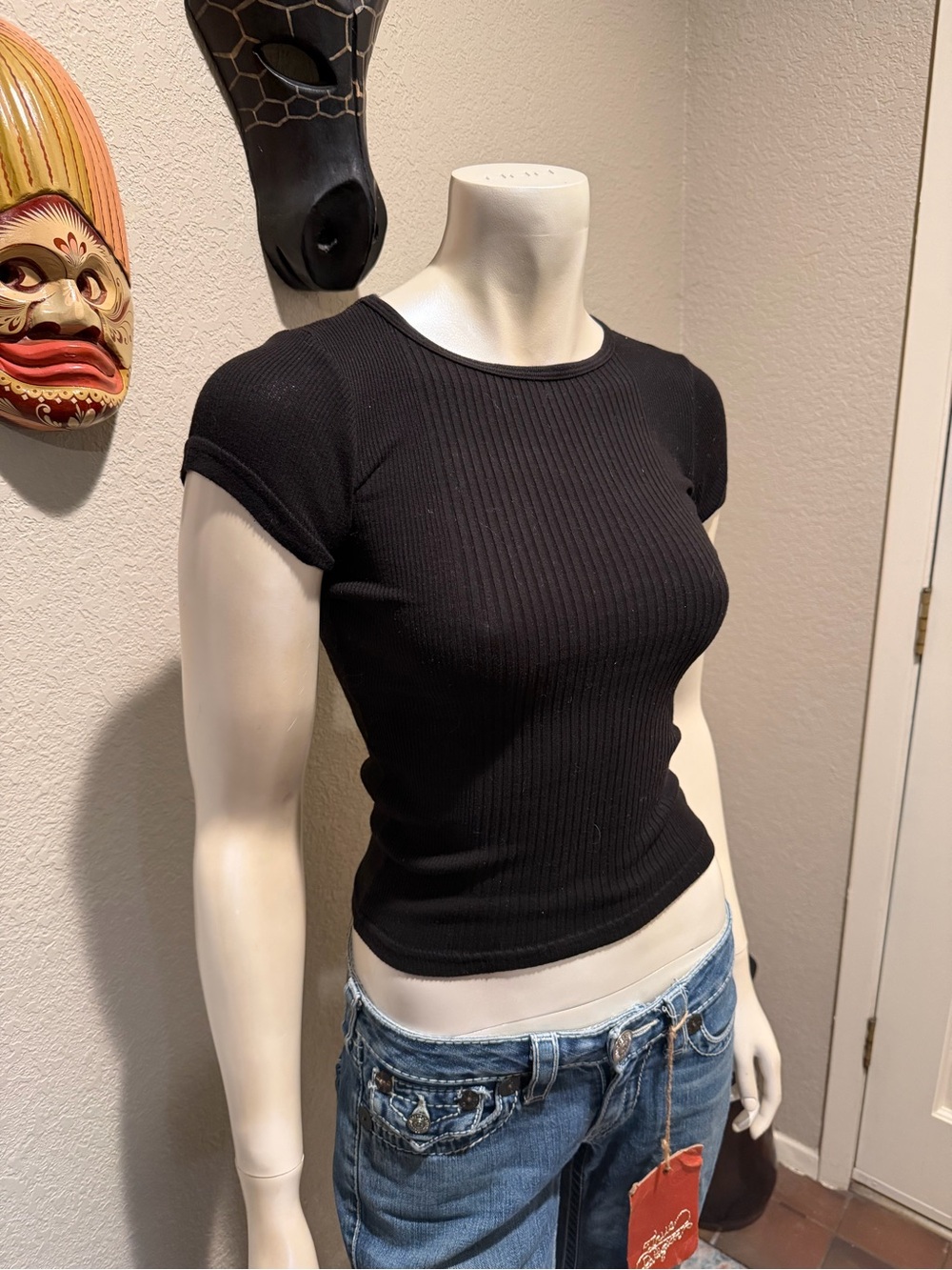 Vintage Y2K Juicy Couture Black Ribbed Short Sleeve Top Pink Tag Baby Tee